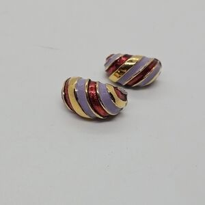 gold tone clip on earrings with red and purple enamel